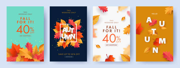 가을 판매 배경, 배너 또는 전단지 디자인. 밝은 아름다운 잎 프레임, 종이 컷 스타일 문자 다채로운 가을 포스터 세트. - fall stock illustrations