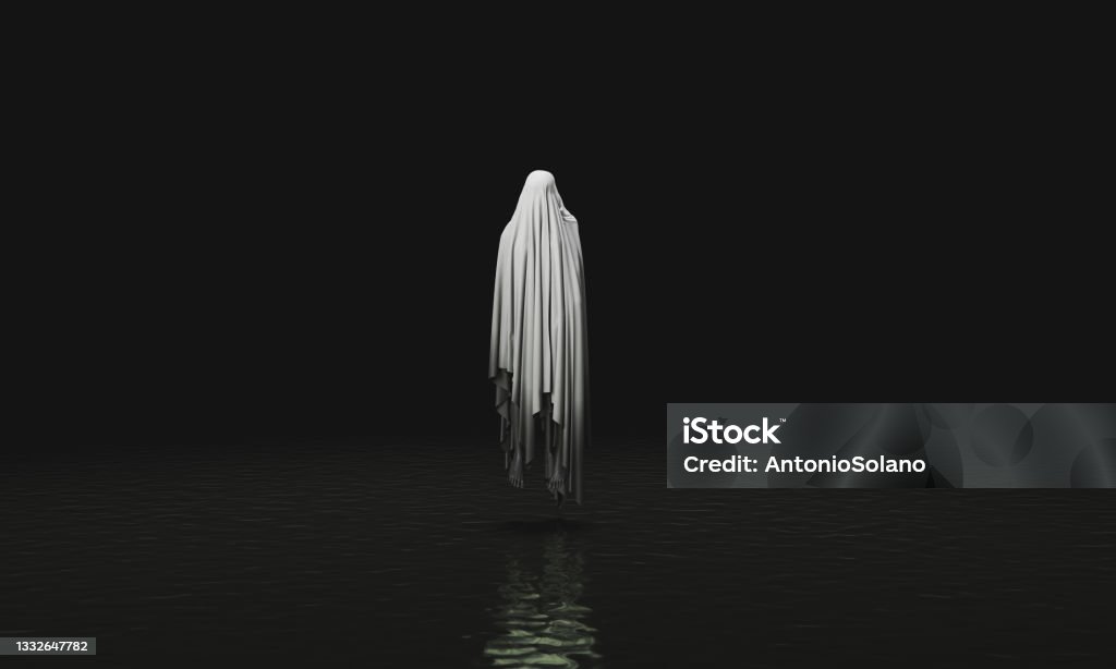 Floating Evil Spirit in a lake evil spirit levitating over a dark lake. ghost with dark body. spooky scene. halloween concept. 3d rendering Ghost Stock Photo