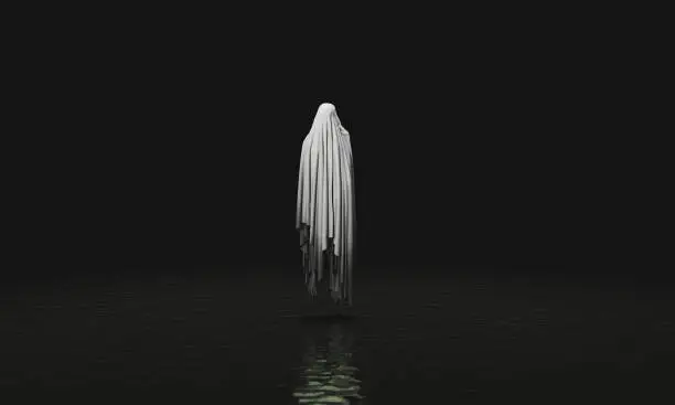 evil spirit levitating over a dark lake. ghost with dark body. spooky scene. halloween concept. 3d rendering
