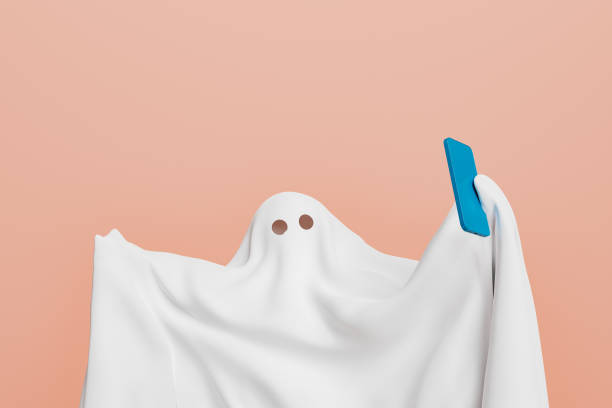 close up of a ghost taking a selfie with a smartphone. halloween concept and social media. 3d rendering