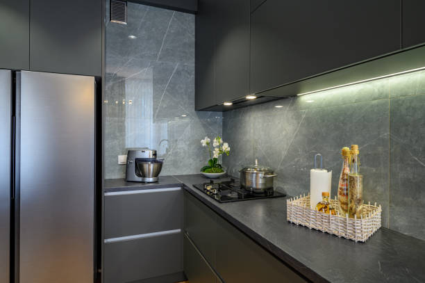 istock Modern large luxury dark gray kitchen closeup 1332650232