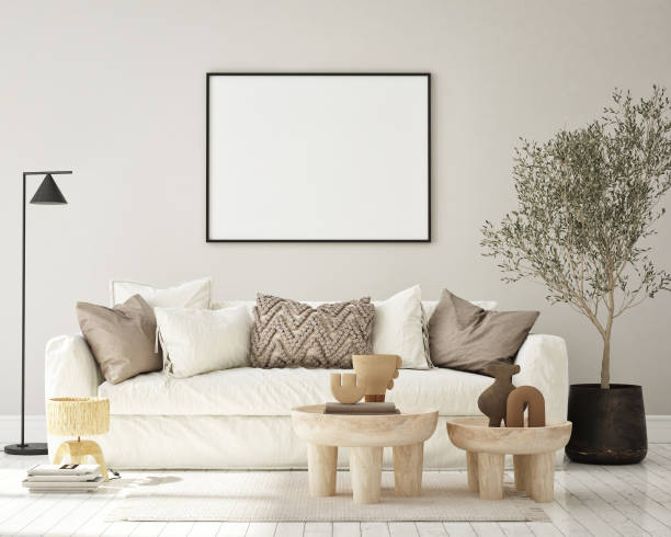 istock mock up poster frame in modern interior background, living room, Mediterranean style, 3D render, 3D illustration 1332650577