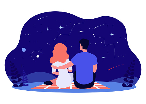 Happy couple looking at starry night sky, back view. Flat vector illustration. Romantic date, picnic, man and woman admiring beautiful view of shooting stars. Romance, date, love, space concept