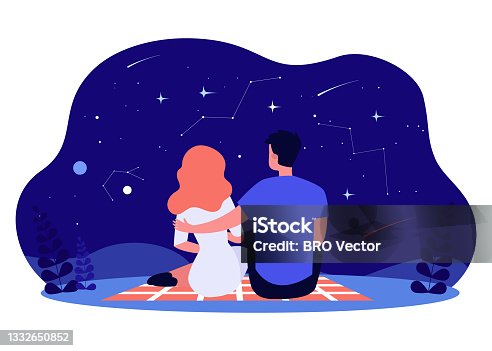 istock Happy couple looking at starry night sky, back view 1332650852