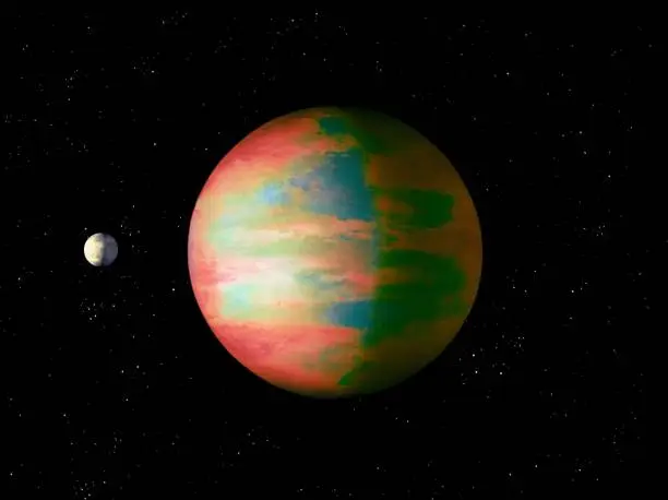 Planet similar to Earth has satellite, exoplanet with exomoon. View from space, planetary science.