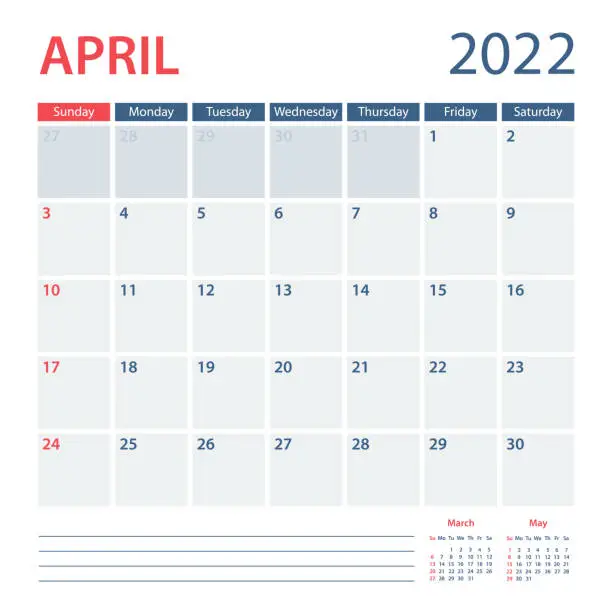 Vector illustration of 2022 April Calendar Planner Vector Template. Week starts on Sunday