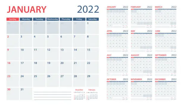 Vector illustration of Calendar Planner 2022 - Vector Template. Week starts on Sunday