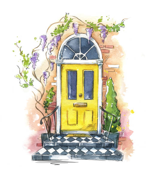 English traditional home entrance door , watercolor painting English traditional home entrance door , watercolor painting watercolor-house stock illustrations