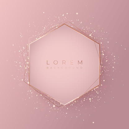 Pale pink hexagonal 3d background shape with gold frame and shiny glitter, vector illustration