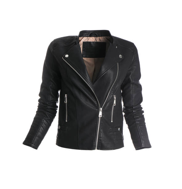 istock Stylish leather jacket on mannequin against white background. Women's clothes 1332654724