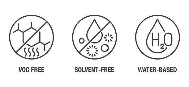 VOC free, Solvent free, Water-based flat icons set for labeling of cleaning agent or other household chemicals