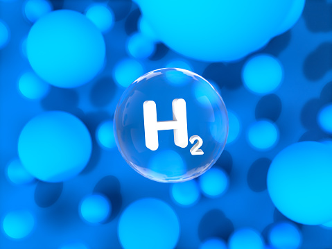 3D rendered illustrations of blue and clear ball spheres. Hydrogen molecules model for ecological fuels or modern solution industry. Visualization for blue energy.