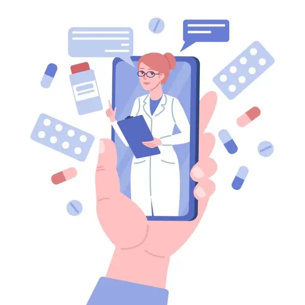 Vector illustration of Doctor online consultation. Big flat hand holds phone, doc woman advises from mobile screen, remote health care, medical app vector concept