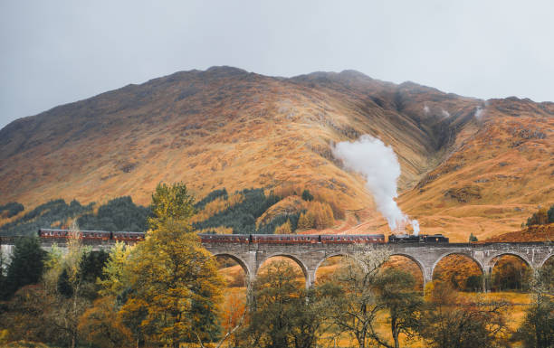 Jacobite steam train passing the Glenfinnan Viaduct with the mountains in the background in Scotland. Train used in the Harry Potter movie. Jacobite steam train passing the Glenfinnan Viaduct with the mountains in the background in Scotland. Train used in the Harry Potter movie. fort william stock pictures, royalty-free photos & images