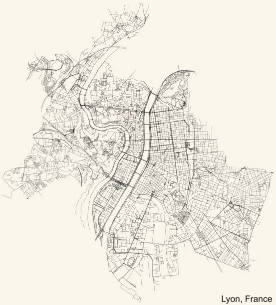 Street roads map of Lyon, France Black simple detailed street roads map on vintage beige background of the quarters, arrondissement and districts of Lyon, France rhone alpes stock illustrations