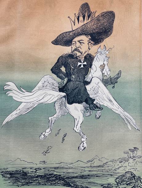 Man wearing a large hat flies over the landscape on a white horse with wings, his medals fall from the sky Caricature from 19th century giant fictional character stock illustrations