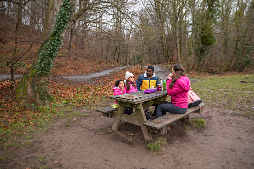 A family sitting at a picnic table in Plessey Woods, Northumberland. They are taking a break from walking around and exploring the woods.