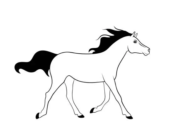 Vector illustration of Cute running horse is on a white background. Illustration for coloring book.
