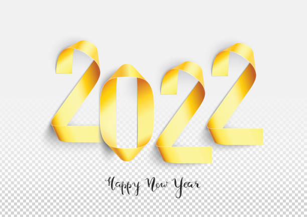 istock Happy New Year 2022 - simple greeting card in vector - abstract handmade illustration by gold painted narrow strips of paper twisted into numbers 2 and zero shapes - composition isolated on white paper background 1332671487