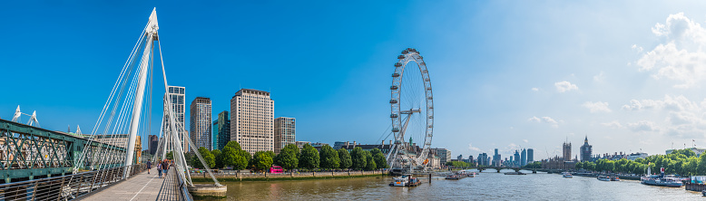 London Eye viewed straight on from across the River Thames on the Embankment with the County Hall in the background. Photo taken May 2022