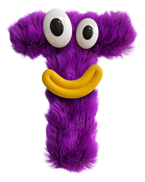 Photo of Purple cartoon character monster face capital letter. 3d render alphabet symbol isolated.