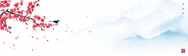 ilustrações, clipart, desenhos animados e ícones de ramo sakura florescente, passarinho e montanhas enevoadas com encostas suaves. pintura tradicional de tinta oriental sumi-e, u-sin, go-hua. hieróglifos - paz, tranquilidade, clareza - ink wash painting