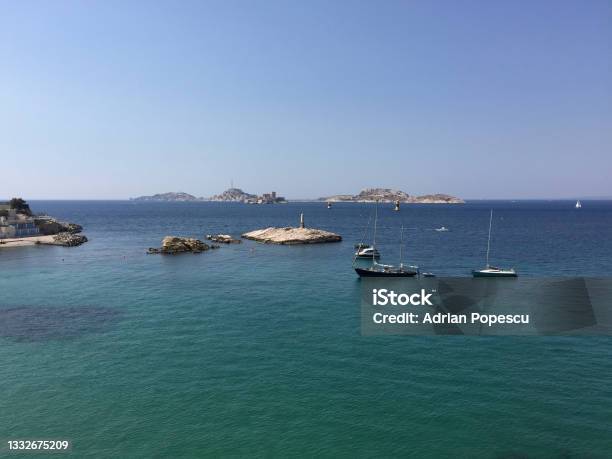 The Frioul Archipelago With The Château Dif Fortress In The Center Seen From The Vicinity Of Malmousque Port And Beach In The Endoume Neighborhood In Marseille France Stock Photo - Download Image Now
