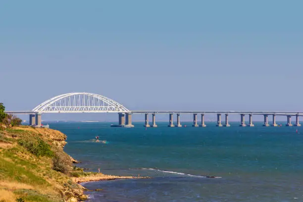 landscape with the black sea coast with a view of the Crimean bridge