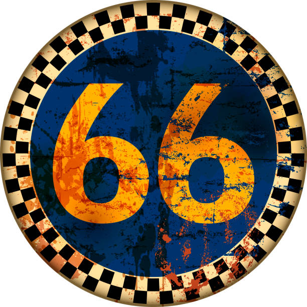 illustrazioni stock, clip art, cartoni animati e icone di tendenza di segnale stradale 66 grungy, opere d'arte vettoriali fictonal intemperie e angosciate. spazio di copia gratuito. - route 66 road sign thoroughfare badge