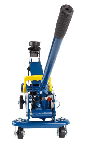 istock blue hydraulic car jack isolated on white background, rised up 1332681797