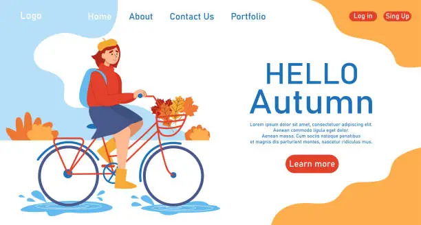 Vector illustration of Autumn theme banner. Vector illustration of a girl who rides a bicycle outdoors is associated with autumn mood. Creative banner, landing page, flyer in a flat style.