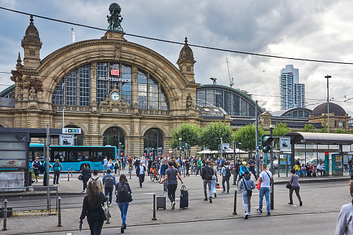 Frankfurt, Germany - August 03, 2021:  Crowd in front of the main train station in Frankfurt.