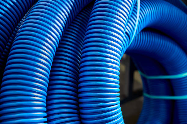 istock Skeins of blue corrugated pipe close up 1332686639