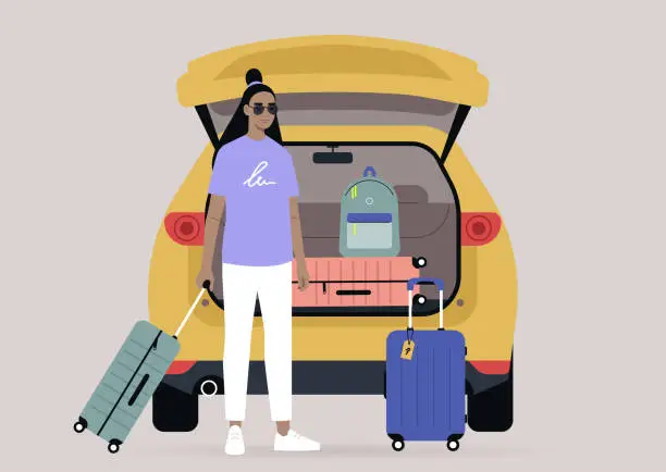 Vector illustration of A young female Asian character packing suitcases in a car trunk, summer break road trip, vacation lifestyle