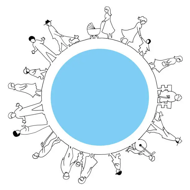 Vector illustration of Line drawing of people on earth