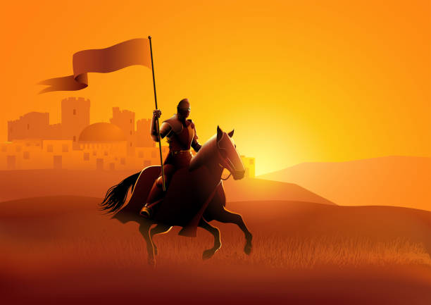 illustrazioni stock, clip art, cartoni animati e icone di tendenza di cavaliere medievale a cavallo con una bandiera - ancient wonder