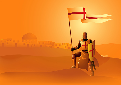 Vector illustration of Templar Knight holding a flag and shield