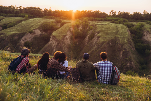 Meet sunset. Group of friends, young men and women walking, strolling together during picnic in summer forest, meadow. Lifestyle, friendship, having fun, weekend and resting concept. Look delighted