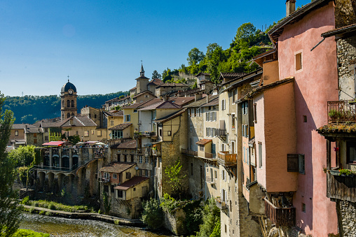 rural landscape with a view on the town of pont en royans and her houses on the cliff in france