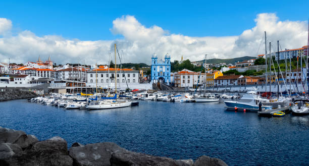 Terceira Island, Azores. Angra of Heroism, "Angra do Heroísmo". View of the marina of Angra, city of Angra do Heroísmo and the church of Mercy. terceira azores stock pictures, royalty-free photos & images