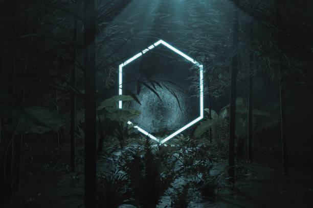 istock 3d rendering of blue lighten hexagon shape surrounded by jungle trees 1332695017