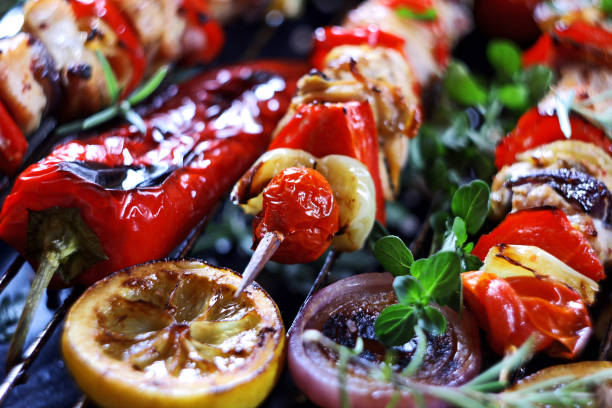 istock Grilled vegetable and meat skewers, selective focus 1332699604