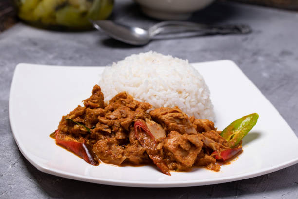 istock Stir-fried tuna with curry paste and steamed rice in a white plate 1332699741