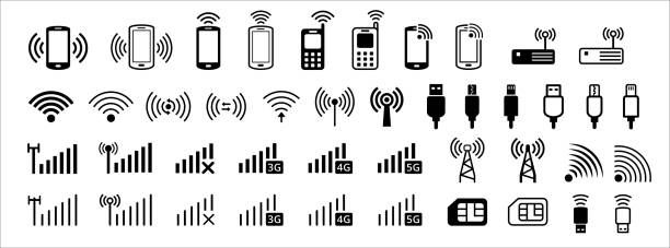 すべての電話の無線インターネットデータ接続ベクトルアイコンセット。アイコンとして無線lan、テザリング、データ転送、変調器復調器、モデム、近距離通信、usbが含まれています。ユニ� - demodulator点のイラスト素材／クリップアート素材／マンガ素材／アイコン素材