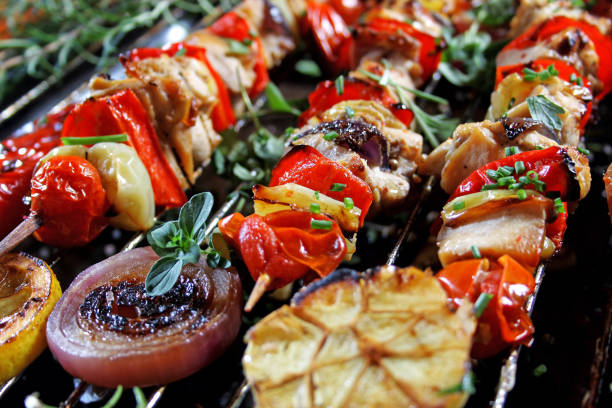 istock Grilled vegetable and meat skewers, selective focus 1332701606