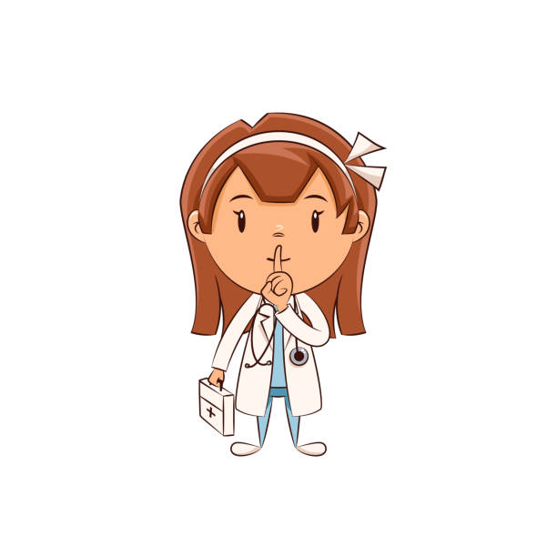 illustrazioni stock, clip art, cartoni animati e icone di tendenza di gesto silenzio medico, ragazza carina - nurse standing white background beauty