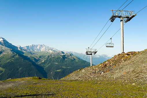 Ski lifts at a standstill, in the ski resort in summer.