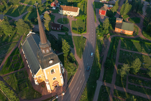 Aerial view of Älvdalen church and the road through the town Älvdalen in the Dalarna region of Sweden.