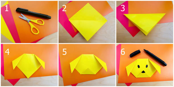 Step-by-step photo instructions on how to make a dog  figurine out of paper with your own hands. Origami for kids Step-by-step photo instructions on how to make a dog  figurine out of paper with your own hands. Origami for kids origami instructions stock pictures, royalty-free photos & images
