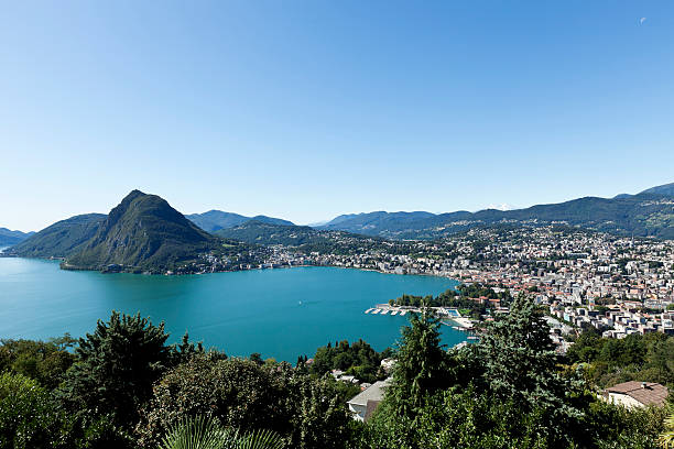 Lake Lugano Lake Lugano, panoramic view from the top, switzerland lugano stock pictures, royalty-free photos & images